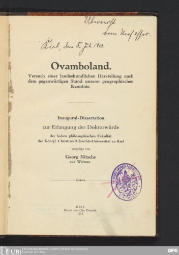 Ovamboland : Versuch einer landeskundlichen Darstellung nach dem gegenwärtigen Stand unserer geographischen Kenntnis .