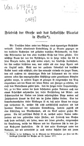 Friedrich der Große und das katholische Vicariat in Berlin