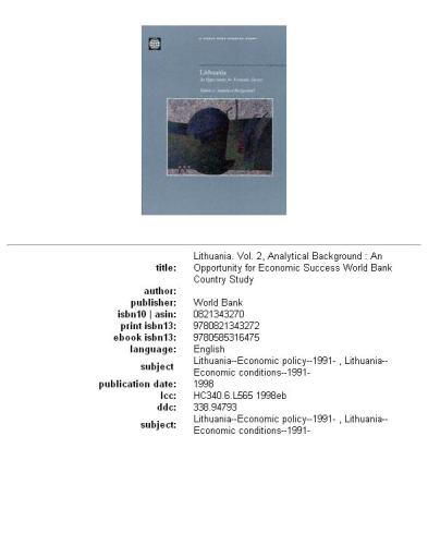 Lithuania: An Opportunity for Success -- Analytical Background (Country Studies)