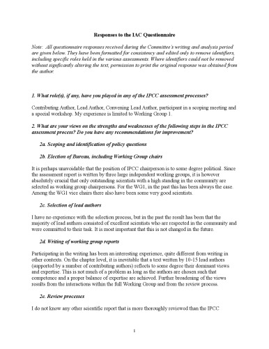 Responses to the InterAcademy Council questionnaire about IPCC processes and procedures