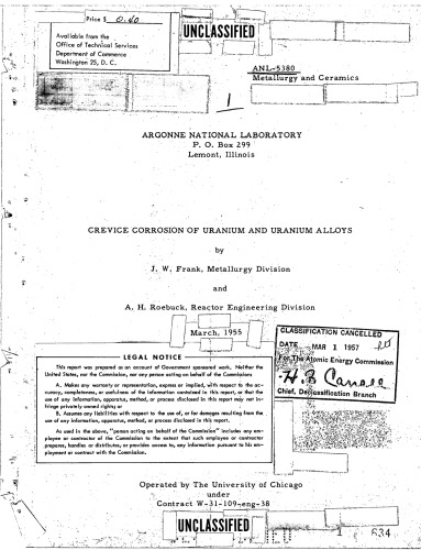 Crevice corrosion of uranium and uranium alloys