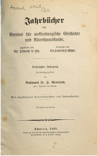 Jahrbücher des Vereins für mecklenburgische Geschichte und Altertumskunde