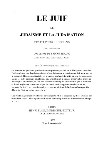 Le Juif: le judaïsme et la judaïsation des peuples chrétiens