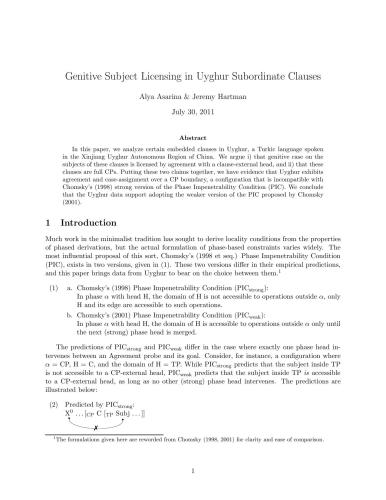 Genitive subject licensing in Uyghur subordinate clauses