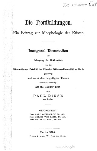 Die Fjordbildungen: Ein Beitrag zur Morphologie der Küsten