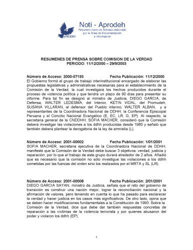 Resúmenes de prensa sobre Comisión de la Verdad. Periodo: 11/12/2000 - 29/9/2003
