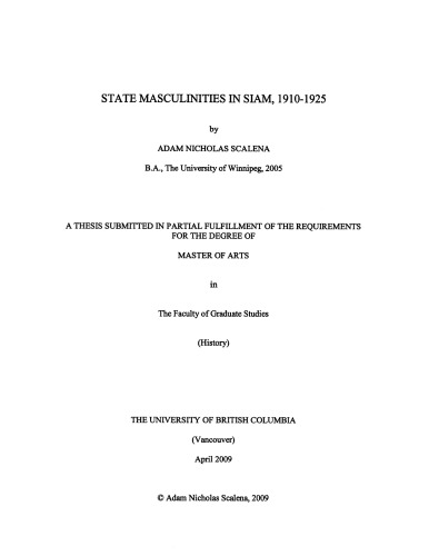 [Dissertation] State Masculinities In Siam, 1910-1925