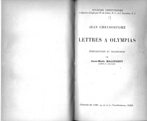 Jean Chrysostome: Lettres à Olympias