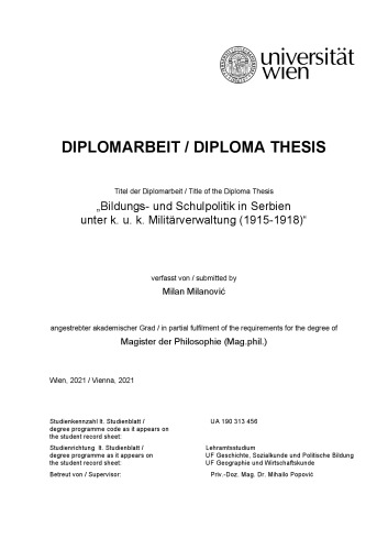 Bildungs- und Schulpolitik in Serbien unter k. u. k. Militärverwaltung (1915-1918)