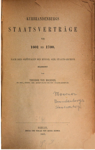 Kurbrandenburgs Staatsverträge von 1601 bis 1700