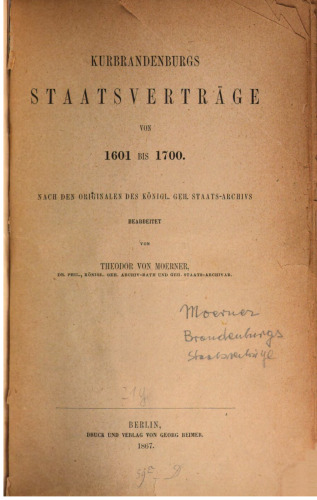 Kurbrandenburgs Staatsverträge von 1601 bis 1700