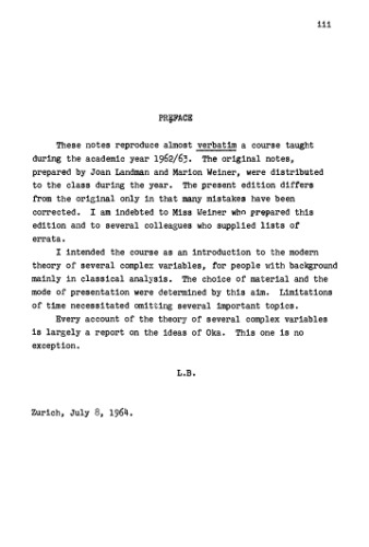 Introduction to Several Complex Variables: Lectures by Lipman Bers 1962-1963