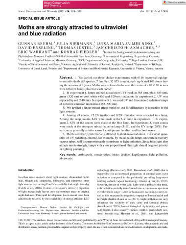 Moths are strongly attracted to ultraviolet and blue radiation