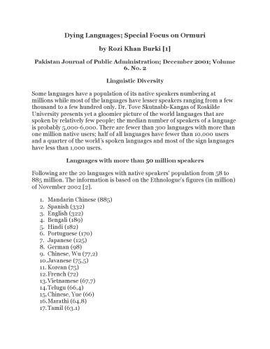 Dying Languages: Special Focus on Ormuri