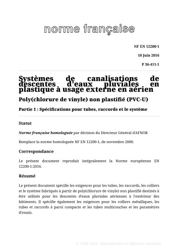 NF P36 - Evacuation des eaux pluviales