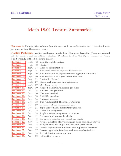 Single Variable Calculus: Lecture Notes