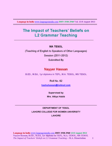 The Impact of Teachers’ Beliefs on L2 Grammar Teaching