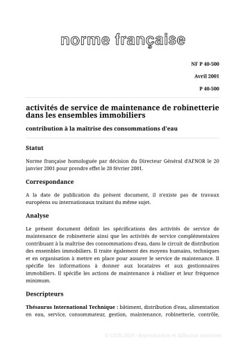 NF P40 - Plomberie, sanitaire - Généralités