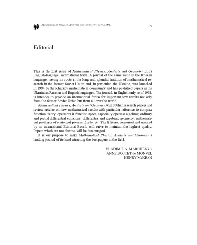 Mathematical Physics, Analysis and Geometry - Volume 1