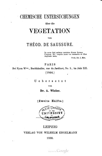 Chemische Untersuchungen über die Vegetation (1804)