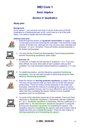 MEI C1 Study Resources Core1 Basic Algebra 2 Quadratics