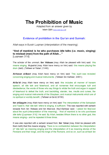 The Prohibition of Music: Adapted from an Answer given by Islam Q&A