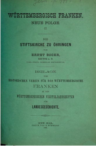 Württembergisch Franken Beilage vom Historischen Verein für das Württembergische Franken zu den WürttembergischenVierteljahresheften für Landesgeschichte