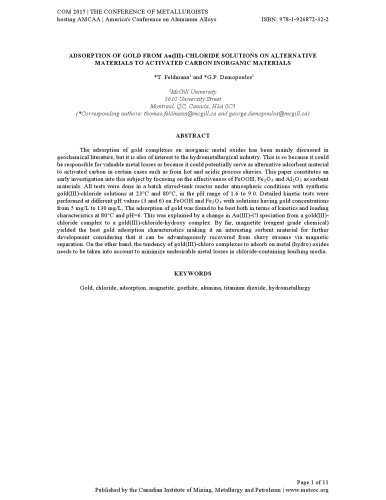 ADSORPTION OF GOLD FROM Au(III)-CHLORIDE SOLUTIONS ON ALTERNATIVE MATERIALS TO ACTIVATED CARBON INORGANIC MATERIALS