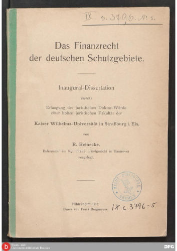 Das Finanzrecht der deutschen Schutzgebiete