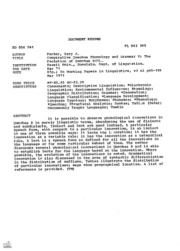 Comparative Quechua phonology and grammar V : The evolution of Quechua B(1)