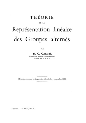 Théorie de la Représentation linéaire des Groupes alternés