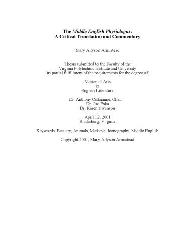 The Middle English Physiologus: A Critical Translation and Commentary
