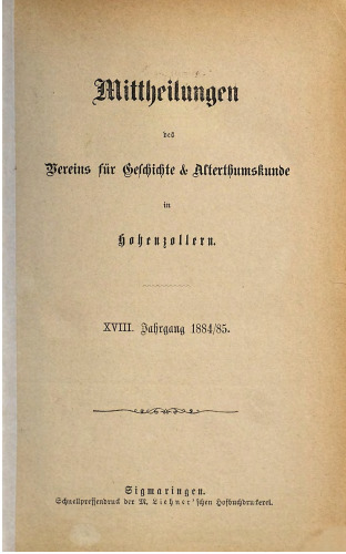 Mitteilungen des Vereins für Geschichte und Altertumskunde in Hohenzollern