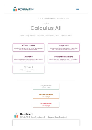 Revision village Math AI HL - Calculus - Easy Difficulty Questionbank