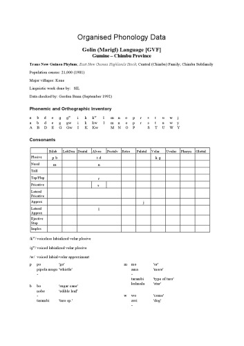 Organised Phonology Data. Golin (Marigl) Language [GVF]. Gumine – Chimbu Province