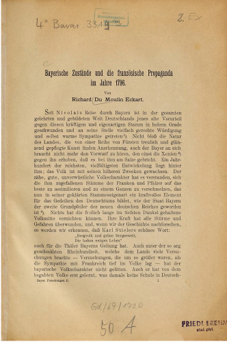 Bayerische Zustände und die französische Propaganda im Jahre 1796