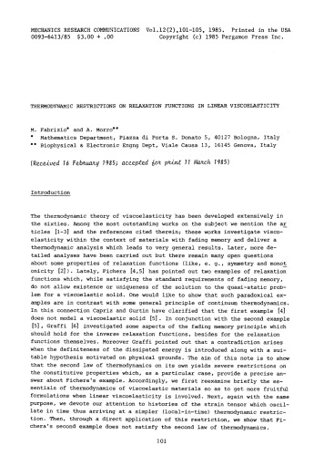 Mechanics Research Communications 12(2),101-105 Viscoelastic relaxation functions compatible with thermodynamics