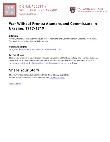 War Without Fronts: Atamans and Commissars in Ukraine, 1917-1919