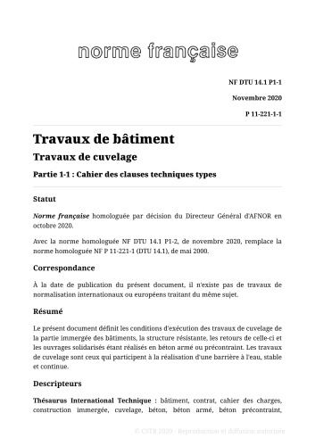 NF DTU 14.1 (P11-221) : Travaux de cuvelage