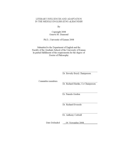 Literary Influences and Adaptation in the Middle English Kyng Alisaunder