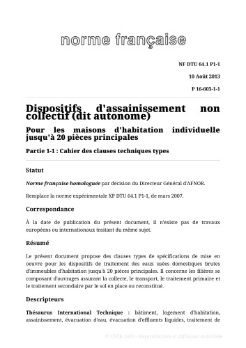 NF DTU 64.1 (P16-603) : Dispositifs d'assainissement autonome