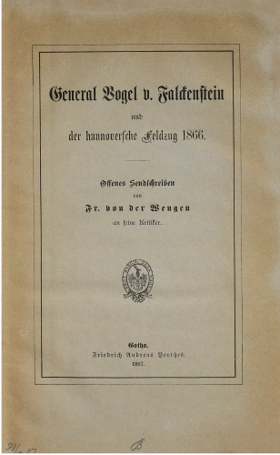 General Vogel v. Falckenstein und der hannoversche Feldzug von 1866