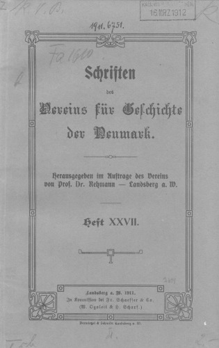 Schriften des Vereins für Geschichte der Neumark