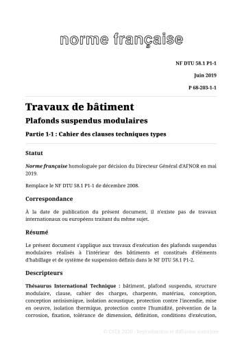 NF DTU 58.1 (P68-203) : Plafonds suspendus modulaires
