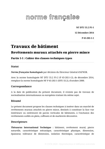 NF DTU 55.2 (P65-202) : Revêtements muraux attachés en pierre mince