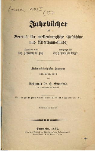 Jahrbücher des Vereins für mecklenburgische Geschichte und Altertumskunde