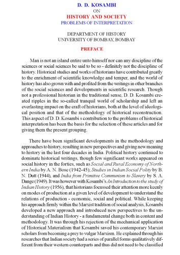D.D. Kosambi on History and Society - Problems of Interpretation