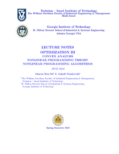 Optimization III.. Convex analysis, nonlinear programming theory, standard nonlinear programming algorithms