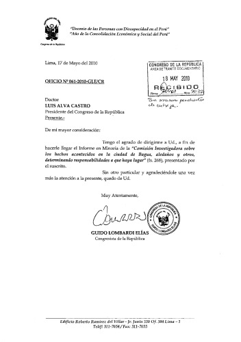 Informe en presentado [sic] por el congresista Guido Lombardi Elías