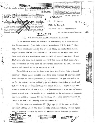 Analysis of the Clinton Critical Experiment [declassified]